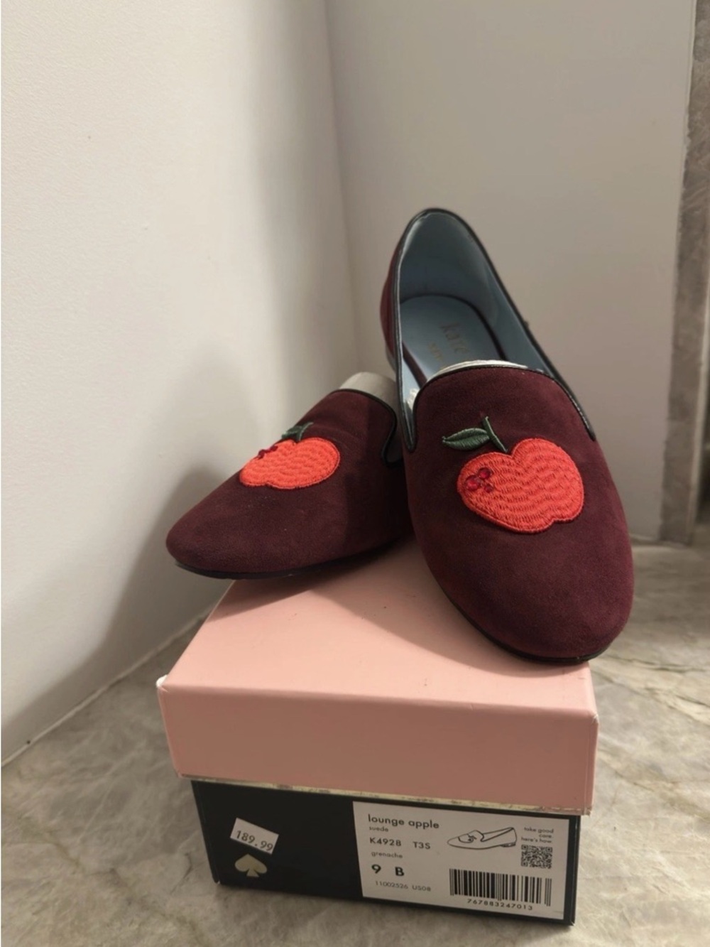 kate spade Burgundy Suede Loafers with Orange Apple Appliqué
